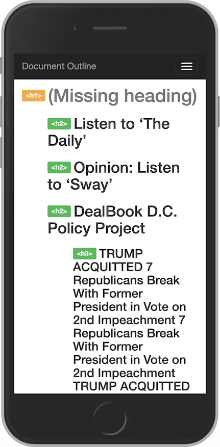 The document outline of the front page of The New York Times. It is missing a h1, the h2's are confusing and the h3 does not make sense.